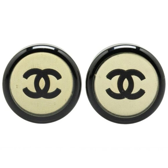 CHANEL CC Logos Black Mirror Round Clip-On Earrings Silver Tone 01P Auth #4767